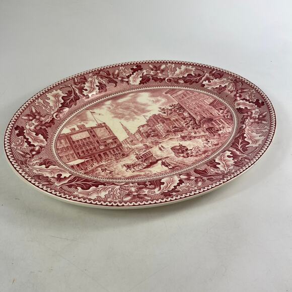 Johnson Bros Historic America Barnum's Museum Broadway NYC Oval Platter Red - Picture 2 of 10